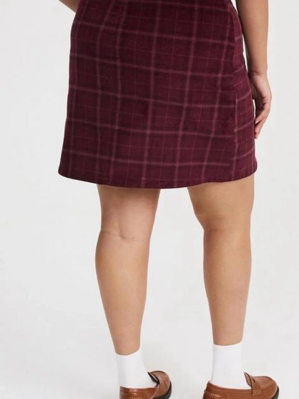 TORRID Mini Corduroy Button-Front Plaid Mini Skirt in Burgundy